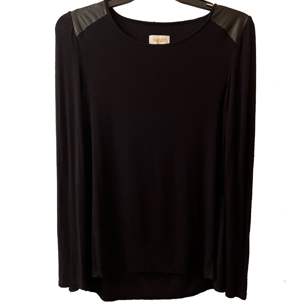 Laundry by Shelli Segal Black Long Sleeved Top With Faux Leather Shoulders